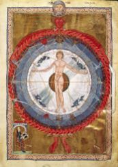 S0015933 Man as the center of the Universe. From "De Operatione Dei", by Saint Hildegard of Bingen (1098-1179, at bottom left). Rupertsburg (Germany), 1200 CE. Cod.lat. 1942, f.9r. Image licenced to Dennis Doyle University of Dayton by Dennis Doyle Usage : - 3000 X 3000 pixels (Letter Size, A4) © Scala / Art Resource